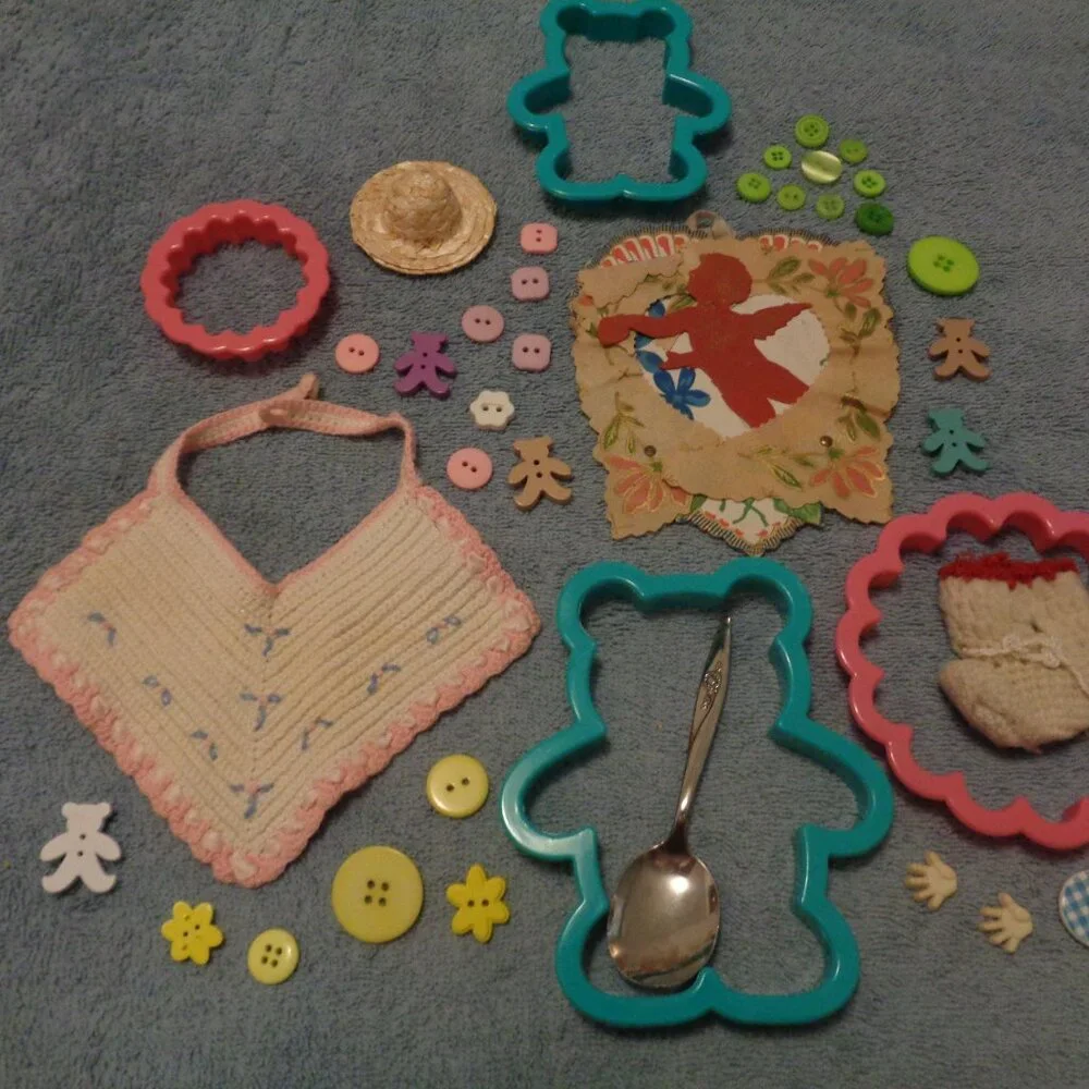 VINTAGE DOLL BIB, OLD VALENTINE, BABY SPOON, STOCKING, COOKIE CUTT, BUTTONS LOT